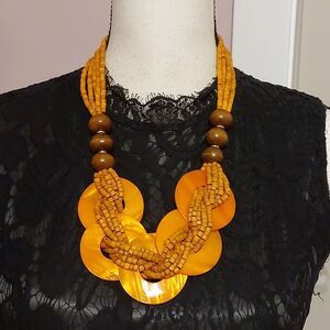 Bold Gaudy Statement Necklace in Bright Orange Chunky MOP Shell and Wood Beads